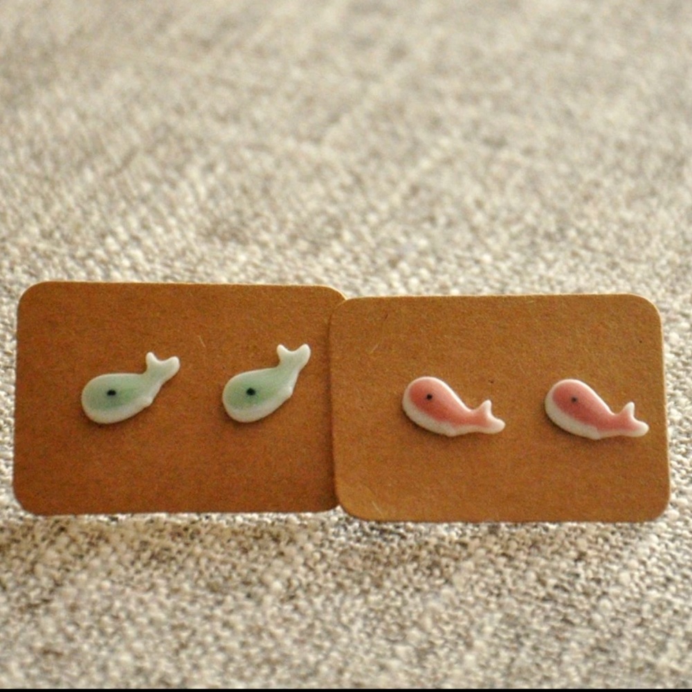 Cute Japanese Blue or Pink Whales Ceramic Stud Earrings